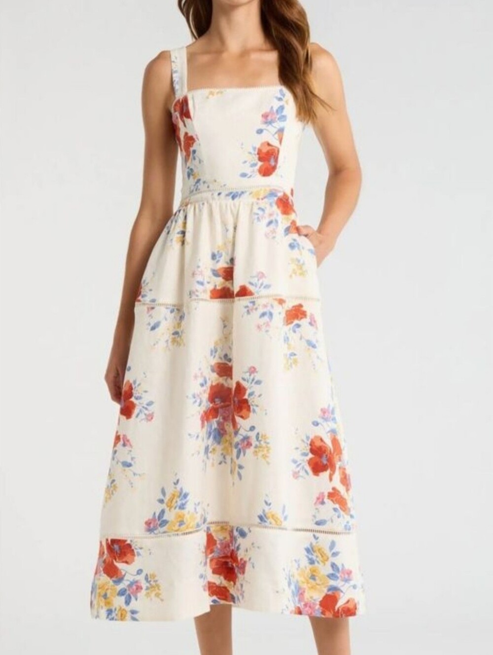 Reformation Everett 100% Linen Midi Dress size 4 With Pockets Off White Floral